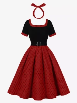 Robe swing vintage années 1950 robe à pois contrastés col carré robe de thé