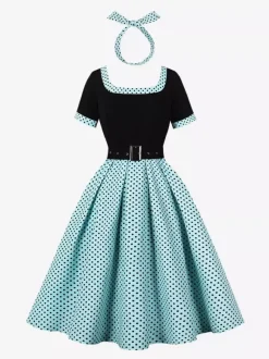 Robe swing vintage années 1950 robe à pois contrastés col carré robe de thé