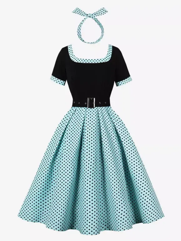 Robe swing vintage années 1950 robe à pois contrastés col carré robe de thé