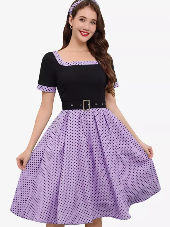 Robe swing vintage années 1950 robe à pois contrastés col carré robe de thé