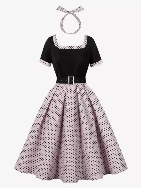 Robe swing vintage années 1950 robe à pois contrastés col carré robe de thé
