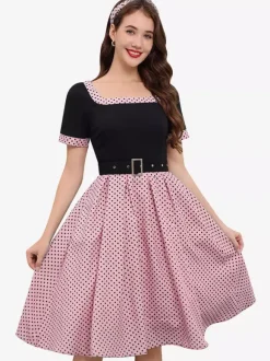 Robe swing vintage années 1950 robe à pois contrastés col carré robe de thé