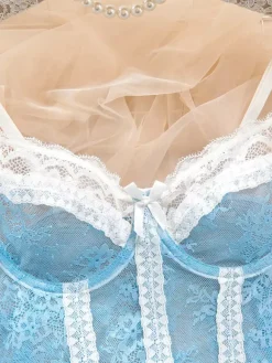 Robe transparente en dentelle bleu ciel clair à imprimé floral Babydolls Lingerie