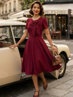 Robe trapèze à manches courtes et col rond ornée d'un n艙ud sur le côté collection femme 2026