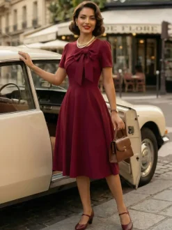 Robe trapèze à manches courtes et col rond ornée d'un n艙ud sur le côté collection femme 2026
