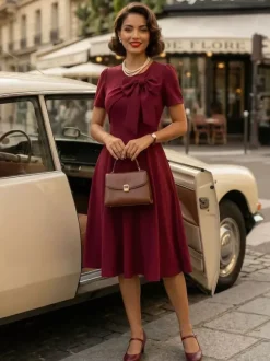 Robe trapèze à manches courtes et col rond ornée d'un n艙ud sur le côté collection femme 2026