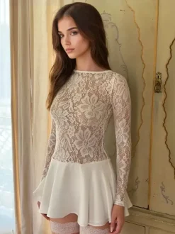 Robe trapèze à superposition de dentelle mini robe de soirée transparente à manches longues pour femmes 2026