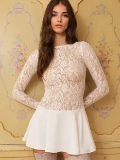 Robe trapèze à superposition de dentelle mini robe de soirée transparente à manches longues pour femmes 2026