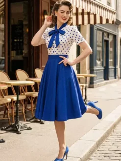 Robe trapèze rétro à pois patchwork col n艙ud papillon manches courtes collection 2026