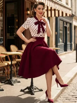 Robe trapèze rétro à pois patchwork col n艙ud papillon manches courtes collection 2026