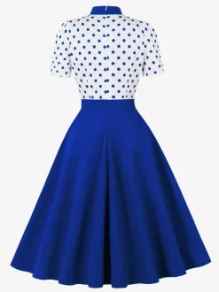 Robe trapèze rétro à pois patchwork col n艙ud papillon manches courtes collection 2026
