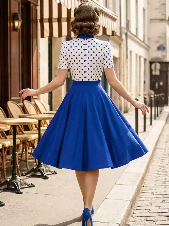 Robe trapèze rétro à pois patchwork col n艙ud papillon manches courtes collection 2026