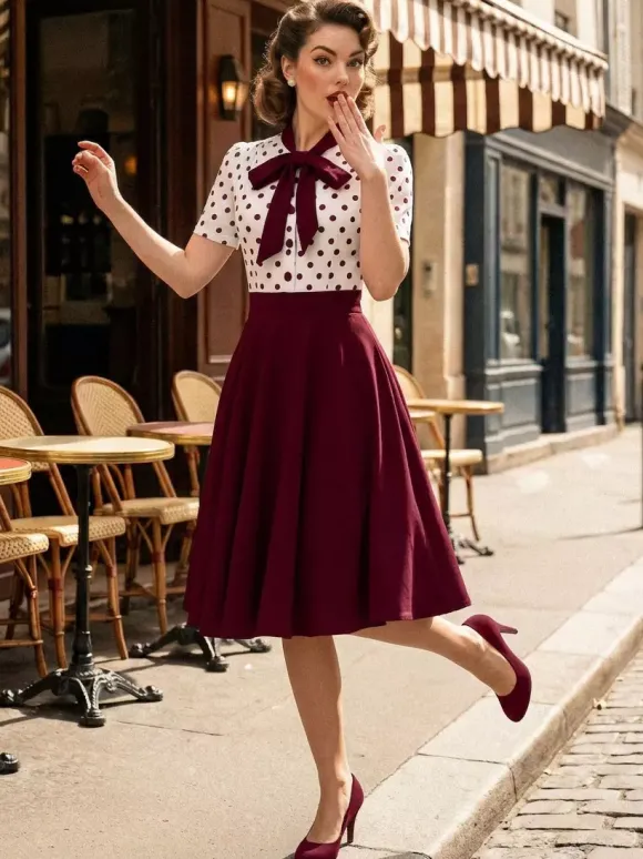 Robe trapèze rétro à pois patchwork col n艙ud papillon manches courtes collection 2026