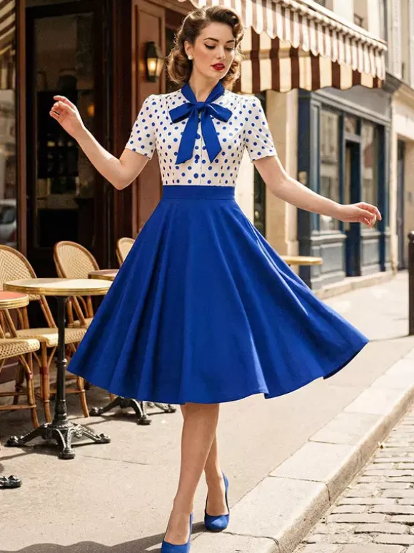 Robe trapèze rétro à pois patchwork col n艙ud papillon manches courtes collection 2026