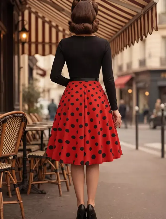 Robe trapèze vintage à pois pour femme - Robe midi trapèze à manches longues et ceinture style rockabilly années 50 - Tenue rétro printemps 2026