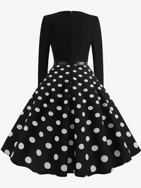 Robe trapèze vintage à pois pour femme - Robe midi trapèze à manches longues et ceinture style rockabilly années 50 - Tenue rétro printemps 2026