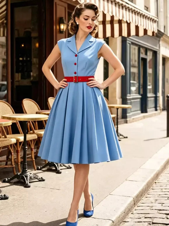 Robe trapèze vintage années 1950 pour femme sans manches à col idéale pour un tea party.