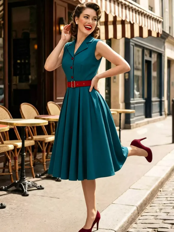 Robe trapèze vintage années 1950 pour femme sans manches à col idéale pour un tea party.
