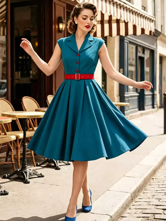 Robe trapèze vintage années 1950 pour femme sans manches à col idéale pour un tea party.