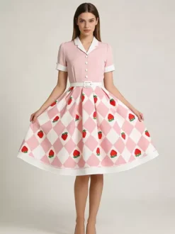 Robe trapèze vintage années 50 à imprimé fruits col contrastant manches bouffantes et ceinture