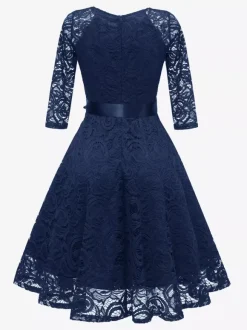 Robe trapèze vintage en dentelle pour femme - Années 1950 col en V manches 3/4 ceinture coupe midi - Invitée à un mariage de printemps 2026