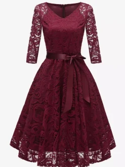 Robe trapèze vintage en dentelle pour femme - Années 1950 col en V manches 3/4 ceinture coupe midi - Invitée à un mariage de printemps 2026