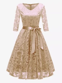 Robe trapèze vintage en dentelle pour femme - Années 1950 col en V manches 3/4 ceinture coupe midi - Invitée à un mariage de printemps 2026