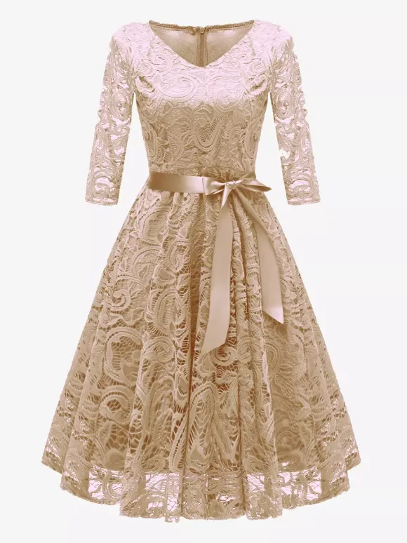 Robe trapèze vintage en dentelle pour femme - Années 1950 col en V manches 3/4 ceinture coupe midi - Invitée à un mariage de printemps 2026