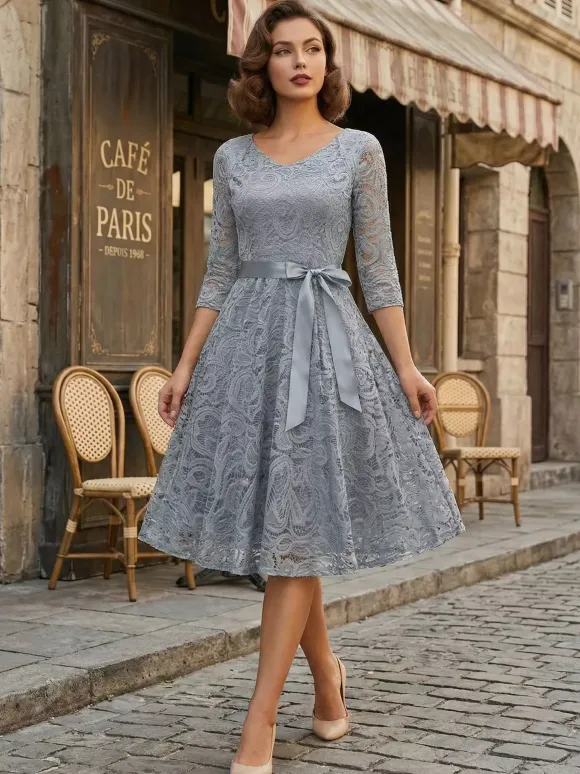 Robe trapèze vintage en dentelle pour femme - Années 1950 col en V manches 3/4 ceinture coupe midi - Invitée à un mariage de printemps 2026
