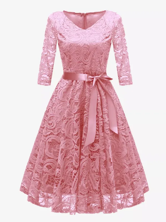 Robe trapèze vintage en dentelle pour femme - Années 1950 col en V manches 3/4 ceinture coupe midi - Invitée à un mariage de printemps 2026