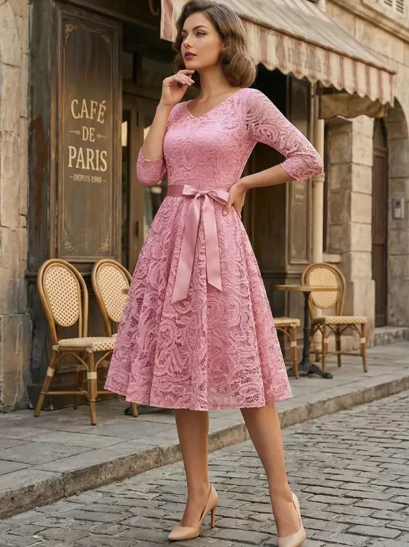 Robe trapèze vintage en dentelle pour femme - Années 1950 col en V manches 3/4 ceinture coupe midi - Invitée à un mariage de printemps 2026