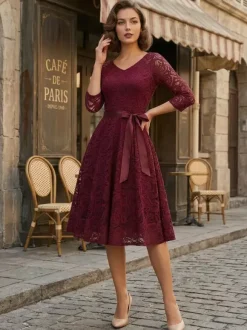 Robe trapèze vintage en dentelle pour femme - Années 1950 col en V manches 3/4 ceinture coupe midi - Invitée à un mariage de printemps 2026