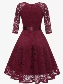 Robe trapèze vintage en dentelle pour femme - Années 1950 col en V manches 3/4 ceinture coupe midi - Invitée à un mariage de printemps 2026