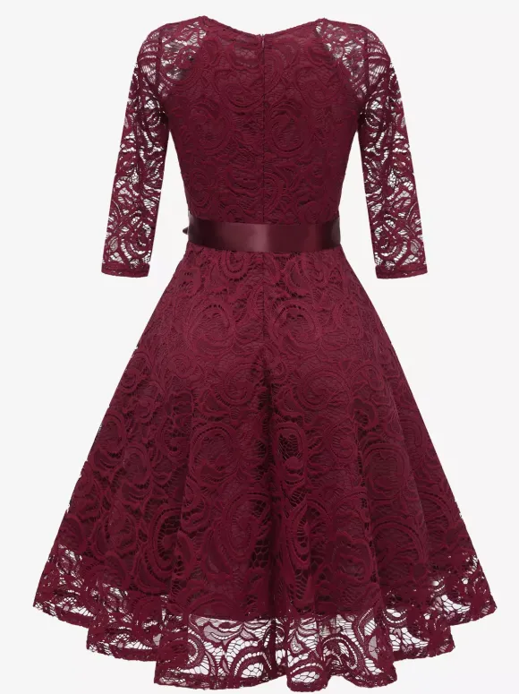 Robe trapèze vintage en dentelle pour femme - Années 1950 col en V manches 3/4 ceinture coupe midi - Invitée à un mariage de printemps 2026