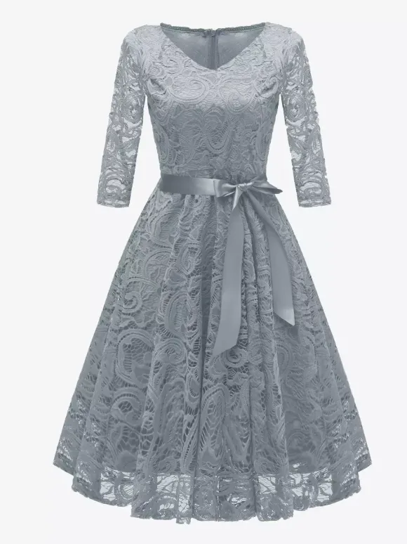 Robe trapèze vintage en dentelle pour femme - Années 1950 col en V manches 3/4 ceinture coupe midi - Invitée à un mariage de printemps 2026
