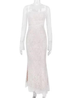 Robe trompette à lacets découpes broderie florale manches longues robes de bal