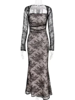 Robe trompette à lacets découpes broderie florale manches longues robes de bal