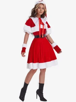 Robe tunique de Noël femmes Gants en fibre de polyester rouge Robe à ceinture Polyester Bloc de couleur Costumes de vacances de Noël
