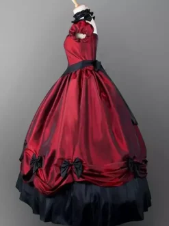 Robe Victorienne Bordeaux à Volants - Robe de Soirée Rococo à Manches Courtes Style Gothique Cérémonie