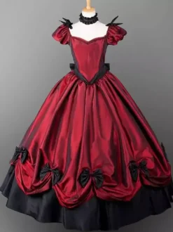 Robe Victorienne Bordeaux à Volants - Robe de Soirée Rococo à Manches Courtes Style Gothique Cérémonie