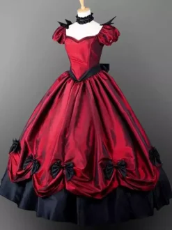 Robe Victorienne Bordeaux à Volants - Robe de Soirée Rococo à Manches Courtes Style Gothique Cérémonie