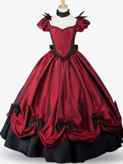 Robe Victorienne Bordeaux à Volants - Robe de Soirée Rococo à Manches Courtes Style Gothique Cérémonie