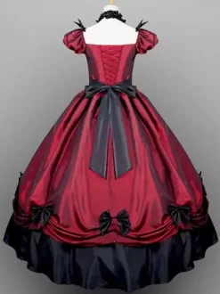 Robe Victorienne Bordeaux à Volants - Robe de Soirée Rococo à Manches Courtes Style Gothique Cérémonie