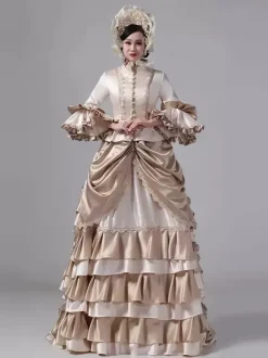 Robe victorienne champagne à volants manches longues évasées style maxi style rétro