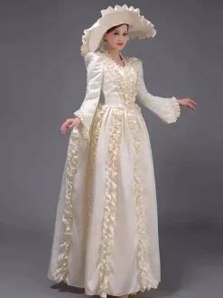 Robe victorienne champagne à tournure épaules rembourrées manches longues élégante robe de bal rétro en polyester avec chapeau.