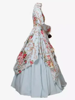 Robe Victorienne Costume Femme Satin Bleu Ciel Clair Imprimé Floral Robe Marie Antoinette Robe De Bal Manches Longues Vêtements  Robe Victorienne Halloween
