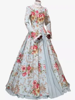 Robe Victorienne Costume Femme Satin Bleu Ciel Clair Imprimé Floral Robe Marie Antoinette Robe De Bal Manches Longues Vêtements  Robe Victorienne Halloween