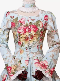 Robe Victorienne Costume Femme Satin Bleu Ciel Clair Imprimé Floral Robe Marie Antoinette Robe De Bal Manches Longues Vêtements  Robe Victorienne Halloween