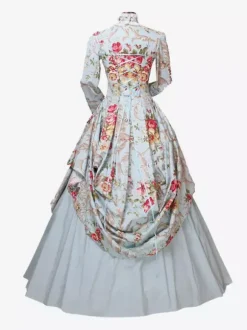 Robe Victorienne Costume Femme Satin Bleu Ciel Clair Imprimé Floral Robe Marie Antoinette Robe De Bal Manches Longues Vêtements  Robe Victorienne Halloween