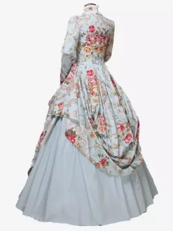 Robe Victorienne Costume Femme Satin Bleu Ciel Clair Imprimé Floral Robe Marie Antoinette Robe De Bal Manches Longues Vêtements  Robe Victorienne Halloween